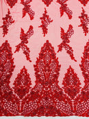 Beaded Floral Fabric - Red - Luxury Bridal Floral Pattern Fabric With Beads, Sequins Sold By Yard