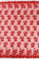 Floral Cluster Corded Fabric - Red - Fancy Flower Embroidery Lace Mesh Fabric By Yard
