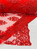 Embroidered Bead Fabric - Red - Floral Damask Bead Bridal Lace Fabric by the yard