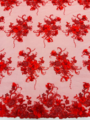 3D Flower Pearl Design - Red - Embroidered Sequins Floral Clusters Lace Fabric By Yard