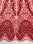 Beaded Embroidered Fabric - Red - Embroidered Heart and Feather Pattern Fabric Sold By Yard