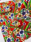Hawaiian Floral Print Fabric - Red - 45" Plumeria Tropical Flower Cotton Fabric by Yard