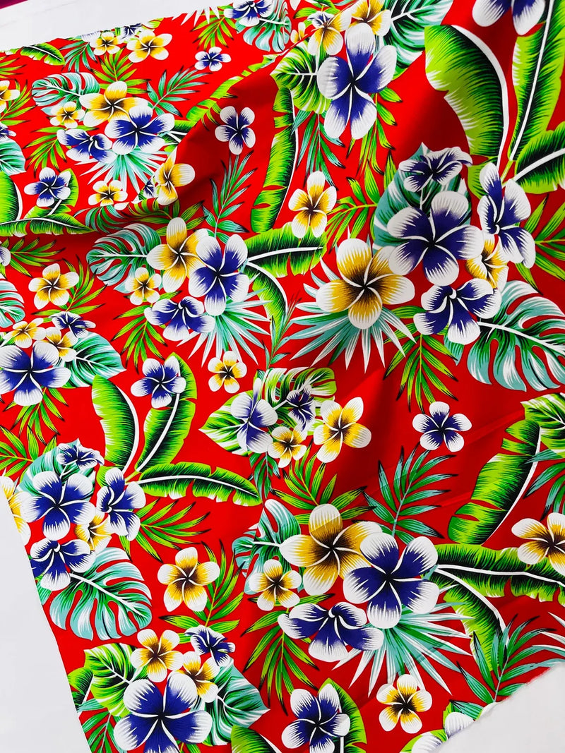 Hawaiian Floral Print Fabric - Red - 45" Plumeria Tropical Flower Cotton Fabric by Yard