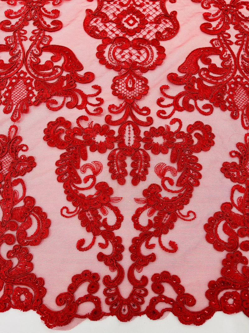 King Lace Design Fabric - Red - King Design with Sequins Embroidered On Mesh By Yard