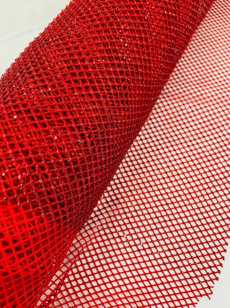 Fishnet Solid Rhinestones Fabric - Red - Spandex Fabric Fish Net with Crystal Stones by Yard