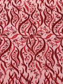 Floral & Leaf Pattern Bead Fabric - Red - Embroidered Beaded Rhinestone on a Mesh, Sold By Yard