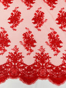 Damask Flower Lace Fabric - Red - Damask Flowers Embroidered on Lace Fabric By Yard