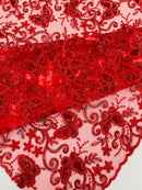 Butterfly Floral Lace Fabric - Red - Butterfly Flower Metallic Design on Lace Fabric By Yard