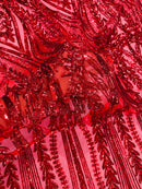 Mermaid Design Fabric - Red - 4 Way Stretch Sequins Fabric on Lace Mesh Sold By Yard
