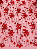 3D Floral Glitter Fabric - Red - 3D Sequins and Glitter Floral Design on Mesh Sold By Yard