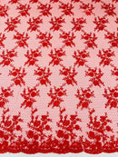 Floral Cluster Corded Fabric - Red - Fancy Flower Embroidery Lace Mesh Fabric By Yard