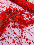 3D Glitter Floral Fabric - Red - Floral Line Glitter Designs on Mesh Fabric Sold By Yard