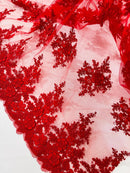 Flower 3D Corded Fabric - Red - Lace Mesh Fabric Embroidered Floral Design by Yard