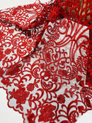 Damask Fancy Design - Red - Embroidered Black Mesh Damask Design Lace Fabric Sold by Yard