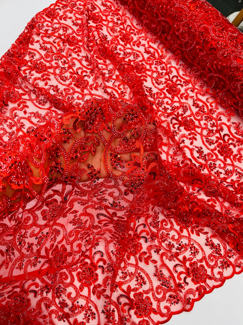 Embroidery Beaded Fabric - Red - Beaded Floral Bridal Embroidery Fabric Sold by the yard