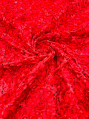 Sequins Satin Rosette Fabric - Red - 3D Satin Rose Sequins Floral Fabric Sold By The Yard