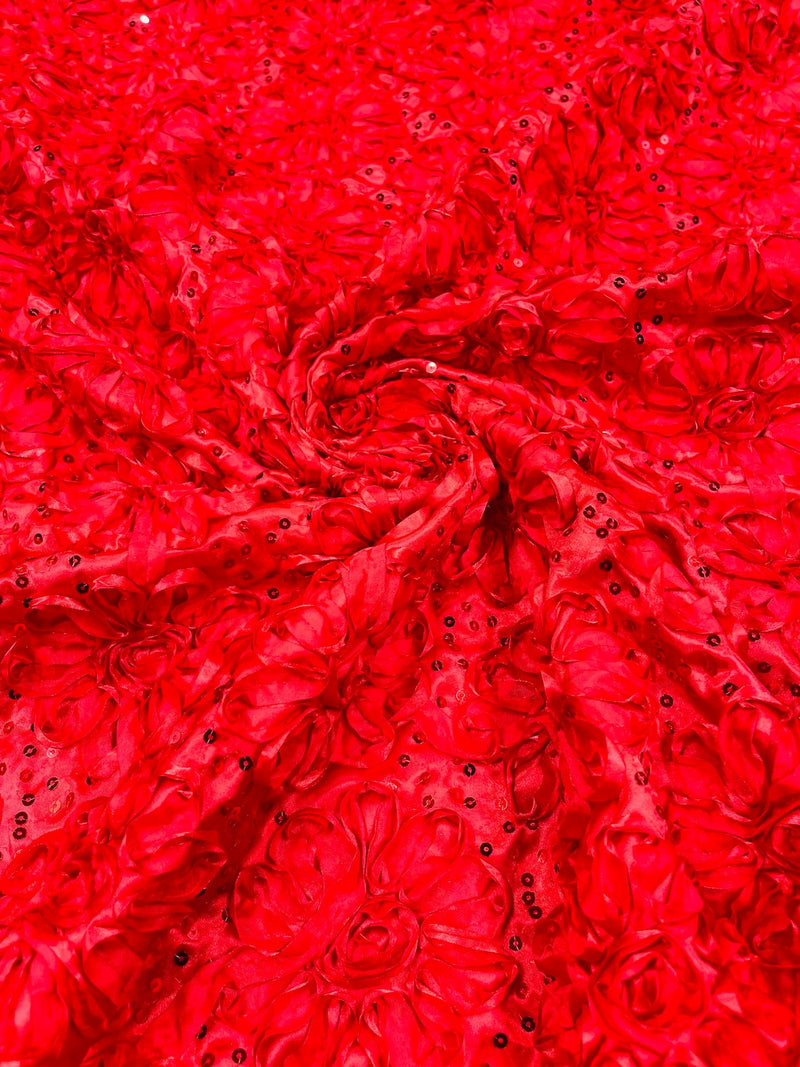 Sequins Satin Rosette Fabric - Red - 3D Satin Rose Sequins Floral Fabric Sold By The Yard