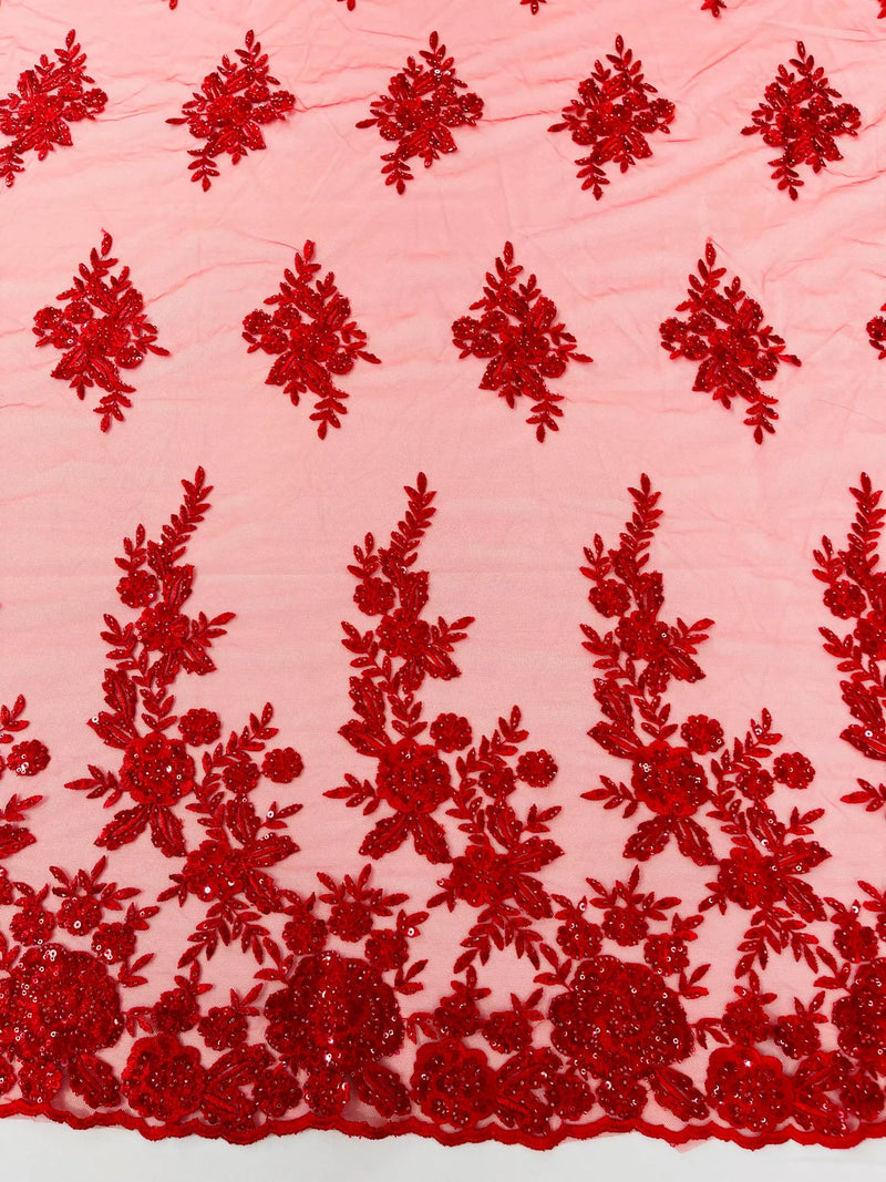 Rose Beaded Sequin Fabric - Red - Embroidered Floral Pattern with Beads and Sequins By Yard