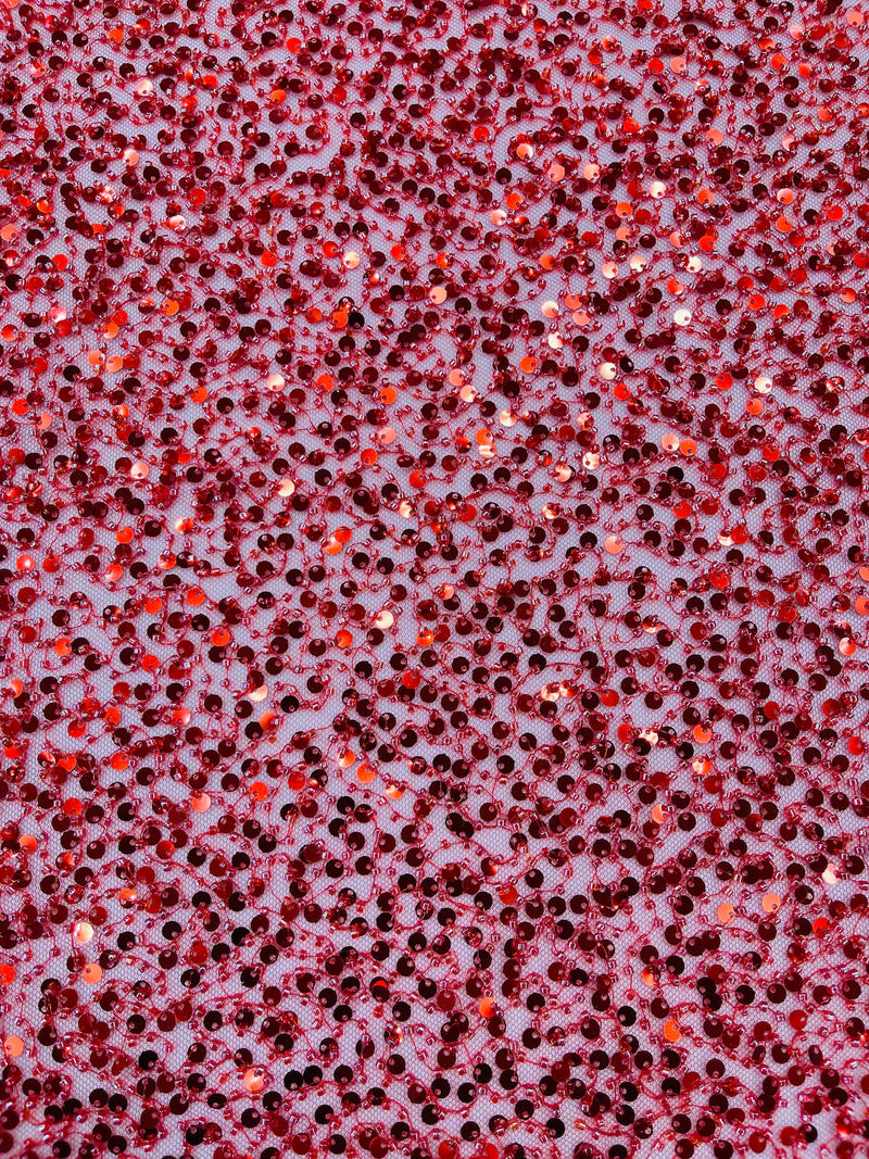 Beaded Sequins Pearl Fabric - Red - Embroidered Pearl Beads and Sequins on Lace By Yard