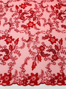 Flower Metallic Lace Fabric - Red - Corded Floral Sequins Design Fabric Embroidered on Lace by Yard