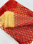 Damask Diamond Net Lace Fabric - Red - Damask Design Embroidered on Lace Mesh Fabric by Yard