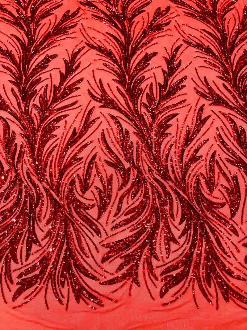 Leaf Stretch Sequins Fabric - Red - 4 Way Stretch Sequins on Lace Mesh Fabric by Yard