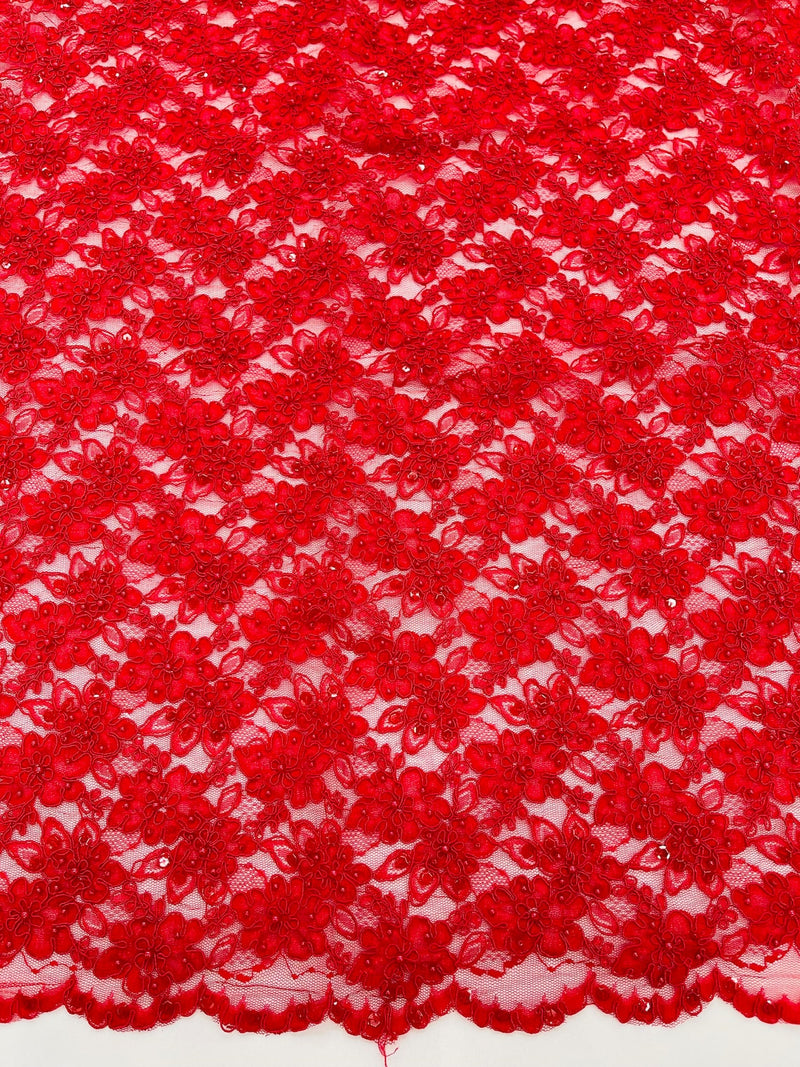 Pearls and Sequins Floral Fabric - Red - Embroidered Beaded Sequins Fabric Lace By Yard