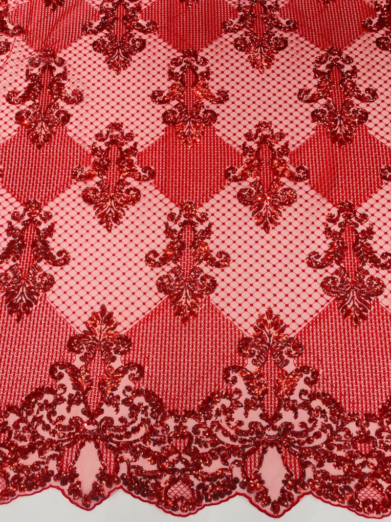 King Damask Lace Fabric - Red - Corded Embroidery with Sequins on Mesh Lace Fabric By Yard