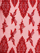 Beaded Floral Fabric - Red - Luxury Bridal Floral Pattern Fabric With Beads, Sequins Sold By Yard