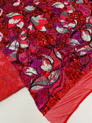 Orchid Flower Sequins Design - Red - Embroidered 4 Way Stretch Full Of Sequins Fabric Sold By Yard