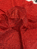 Sparkle Glitter Beaded Fabric - Red - Shimmer Stretch Glitter Fabric with Beads and Sequins Sold By Yard