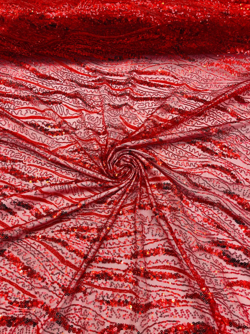 Wavy Leaf Lines Fabric - Red - Beaded Sequins Leaf Pattern Embroidered On Mesh By Yard
