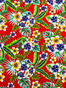 Hawaiian Floral Print Fabric - Red - 45" Plumeria Tropical Flower Cotton Fabric by Yard