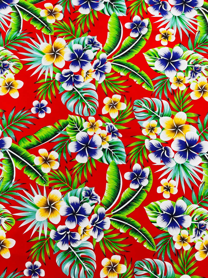 Hawaiian Floral Print Fabric - Red - 45" Plumeria Tropical Flower Cotton Fabric by Yard