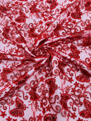 Butterfly Floral Lace Fabric - Red - Butterfly Flower Metallic Design on Lace Fabric By Yard