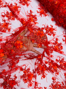 3D Flower Pearl Design - Red - Embroidered Sequins Floral Clusters Lace Fabric By Yard