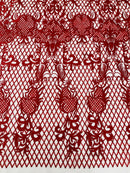 Damask Diamond Net Lace Fabric - Red - Damask Design Embroidered on Lace Mesh Fabric by Yard