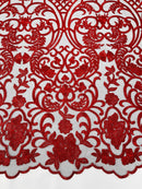 Damask Fancy Design - Red - Embroidered Black Mesh Damask Design Lace Fabric Sold by Yard