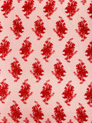 Damask Flower Lace Fabric - Red - Damask Flowers Embroidered on Lace Fabric By Yard