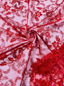Flower Metallic Lace Fabric - Red - Corded Floral Sequins Design Fabric Embroidered on Lace by Yard