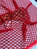 Diamond Net Sequins Fabric - Red - Geometric Diamond Net Design on Mesh Lace Fabric By Yard
