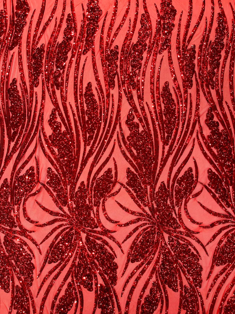 Wavy Leaf Design Fabric - Red - 4 Way Stretch Sequins Lace Mesh Leaf Design Fabric by Yard