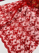 Metallic Floral Butterfly Fabric - Red - Embroidered Floral Butterfly Design Mesh Fabric by Yard