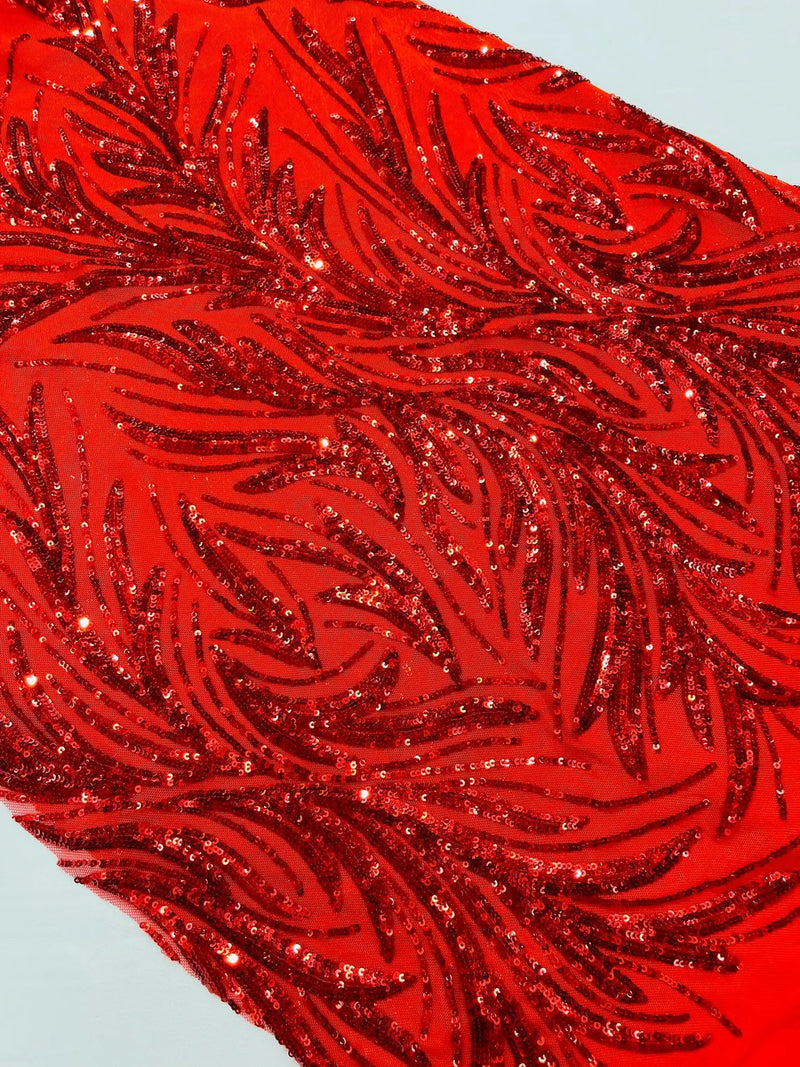 Leaf Stretch Sequins Fabric - Red - 4 Way Stretch Sequins on Lace Mesh Fabric by Yard