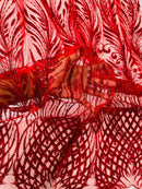 Beaded Embroidered Fabric - Red - Embroidered Heart and Feather Pattern Fabric Sold By Yard