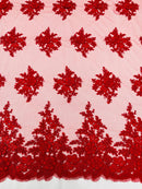 Flower 3D Corded Fabric - Red - Lace Mesh Fabric Embroidered Floral Design by Yard