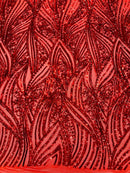 Curvy Design Sequins Fabric - Red - 4 Way Stretch Curvy Sequins Design Mesh Fabric by Yard