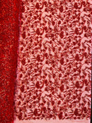 Floral Plant Bead Design - Red - Beaded Flower Plants Embroidered  Sequins Fabric By Yard