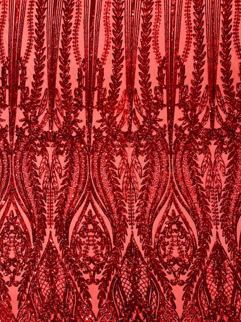 Mermaid Design Fabric - Red - 4 Way Stretch Sequins Fabric on Lace Mesh Sold By Yard