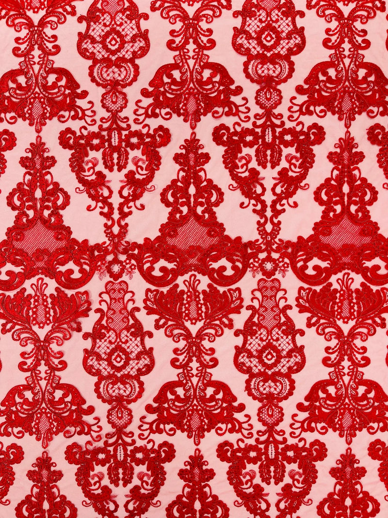 King Lace Design Fabric - Red - King Design with Sequins Embroidered On Mesh By Yard